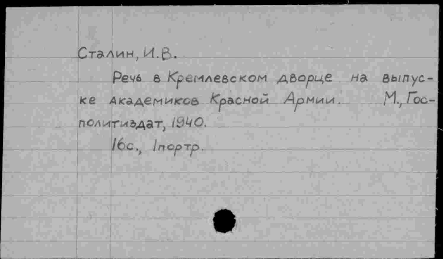 ﻿С талин, И.
Речь е> Кремлевском дворце н& выпуске дкадемик-оа Кр&снои Армии. М, Гос-политиэдат, 19^0.
/6с, 1псртр.